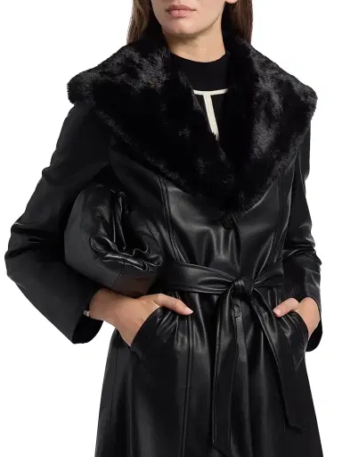 Elie Tahari Women's Veda Faux Fur-Trim Faux-Leather Tie-Waist Coat | Thumbnail 7 Elie Tahari Women's Veda Faux Fur-Trim Faux-Leather Tie-Waist Coat | Thumbnail 7