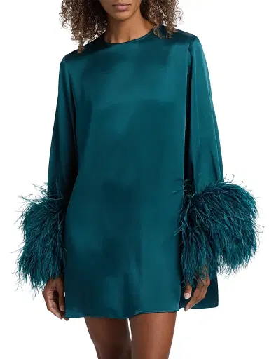 LaPointe Women's Feather-Cuff Satin Shift Minidress - Teal | Thumbnail 3 LaPointe Women's Feather-Cuff Satin Shift Minidress - Teal | Thumbnail 3