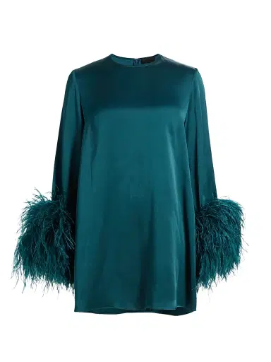 LaPointe Women's Feather-Cuff Satin Shift Minidress - Teal | Thumbnail 1 LaPointe Women's Feather-Cuff Satin Shift Minidress - Teal | Thumbnail 1