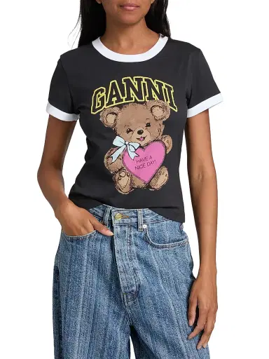 Ganni Women's Basic Bear Graphic Ringer T-Shirt | Thumbnail 3 Ganni Women's Basic Bear Graphic Ringer T-Shirt | Thumbnail 3