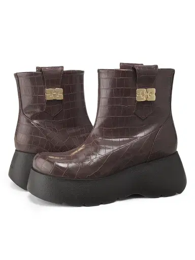Ganni Women's Kat Crocodile-Embossed Leather Platform Ankle Boots - Chocolate Fondant | Thumbnail 2 Ganni Women's Kat Crocodile-Embossed Leather Platform Ankle Boots - Chocolate Fondant | Thumbnail 2