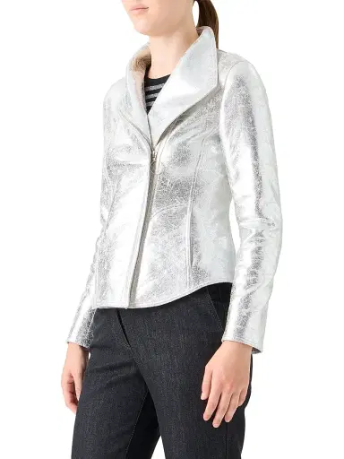 Akris punto Women's Metallic Moto Jacket - Aluminum | Thumbnail 4 Akris punto Women's Metallic Moto Jacket - Aluminum | Thumbnail 4