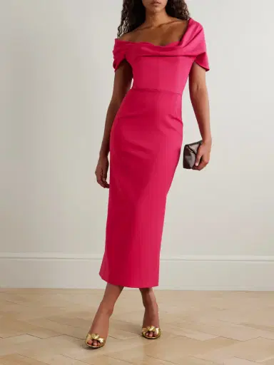 Carolina Herrera Off-the-shoulder Draped Wool-blend Crepe Midi Dress | Thumbnail 2 Carolina Herrera Off-the-shoulder Draped Wool-blend Crepe Midi Dress | Thumbnail 2