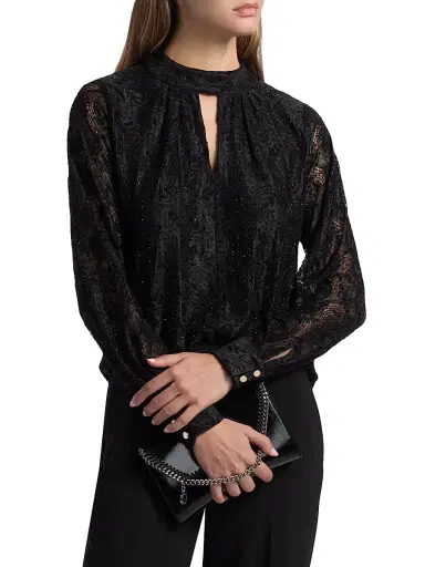Elie Tahari Women's Azure Embellished Lace Blouse - Noir Allover Rhinestone | Thumbnail 3 Elie Tahari Women's Azure Embellished Lace Blouse - Noir Allover Rhinestone | Thumbnail 3
