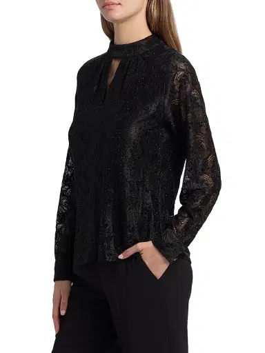 Elie Tahari Women's Azure Embellished Lace Blouse - Noir Allover Rhinestone | Thumbnail 4 Elie Tahari Women's Azure Embellished Lace Blouse - Noir Allover Rhinestone | Thumbnail 4