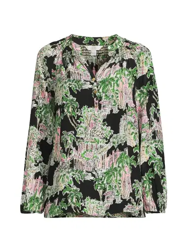 Lilly Pulitzer Women's Elsa Silk Blouse - Onyx Anniversary Toile - Size Medium | Thumbnail 1 Lilly Pulitzer Women's Elsa Silk Blouse - Onyx Anniversary Toile - Size Medium | Thumbnail 1