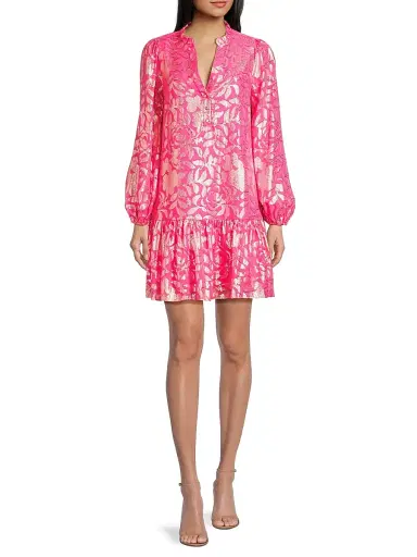 Lilly Pulitzer Women's Evaline Silk Dropped Waist Minidress - Sun Shell Pink Floral Bloom - Size 10 | Thumbnail 2 Lilly Pulitzer Women's Evaline Silk Dropped Waist Minidress - Sun Shell Pink Floral Bloom - Size 10 | Thumbnail 2
