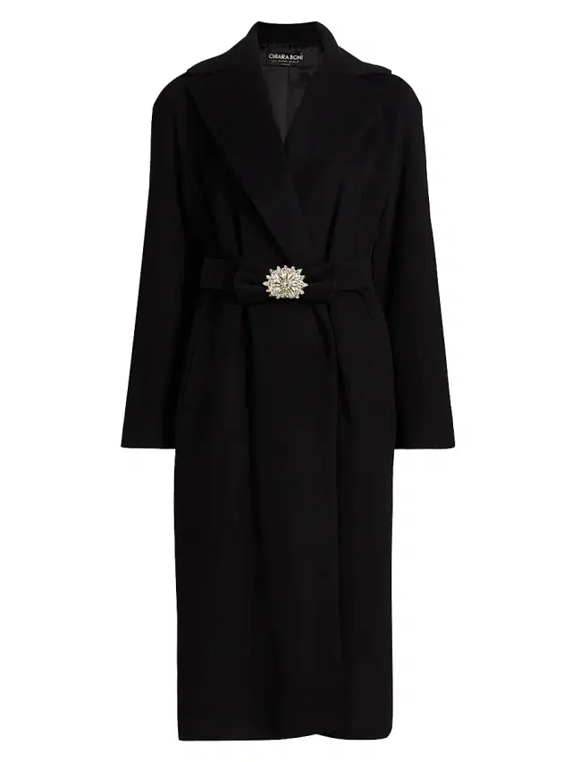 Women's Exbal Embellished Virgin Wool-Blend Belted Coat - Black Women's Exbal Embellished Virgin Wool-Blend Belted Coat - Black