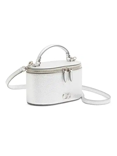 Valentino Garavani Women's Vlogo Signature Mini Vanity Bag in Laminated Grainy Calfskin - Silver | Thumbnail 2 Valentino Garavani Women's Vlogo Signature Mini Vanity Bag in Laminated Grainy Calfskin - Silver | Thumbnail 2