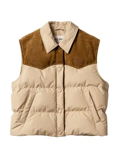 Miu Miu Women's Technical Pongé and Leather Down Vest - Beige Khaki - Size 6 | Thumbnail 1 Miu Miu Women's Technical Pongé and Leather Down Vest - Beige Khaki - Size 6 | Thumbnail 1