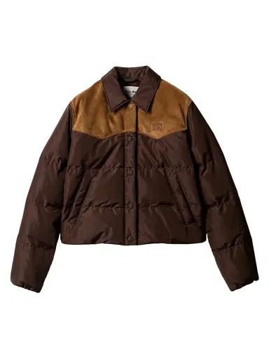 Miu Miu Women's Technical Pongé and Leather Down Jacket | Thumbnail 1 Miu Miu Women's Technical Pongé and Leather Down Jacket | Thumbnail 1
