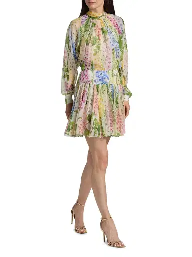 Oscar de la Renta Women's Sheer Foxgloves Silk Chiffon Long-Sleeve Minidress - White Multi | Thumbnail 2 Oscar de la Renta Women's Sheer Foxgloves Silk Chiffon Long-Sleeve Minidress - White Multi | Thumbnail 2