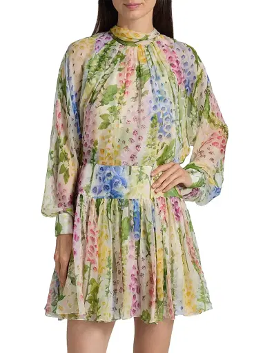 Oscar de la Renta Women's Sheer Foxgloves Silk Chiffon Long-Sleeve Minidress - White Multi | Thumbnail 3 Oscar de la Renta Women's Sheer Foxgloves Silk Chiffon Long-Sleeve Minidress - White Multi | Thumbnail 3