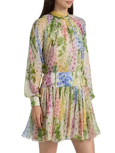 Oscar de la Renta Women's Sheer Foxgloves Silk Chiffon Long-Sleeve Minidress - White Multi | Thumbnail 4 Oscar de la Renta Women's Sheer Foxgloves Silk Chiffon Long-Sleeve Minidress - White Multi | Thumbnail 4