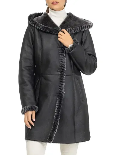 Gorski Women's Merino Shearling Lamb Parka with Whipstitch Trim - Black Brisa | Thumbnail 2 Gorski Women's Merino Shearling Lamb Parka with Whipstitch Trim - Black Brisa | Thumbnail 2