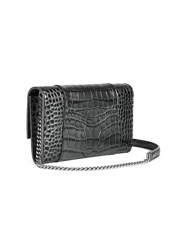 Balenciaga Women's Hourglass Metallized Crocodile Embossed Wallet on Chain - Gun Metal | Thumbnail 2 Balenciaga Women's Hourglass Metallized Crocodile Embossed Wallet on Chain - Gun Metal | Thumbnail 2