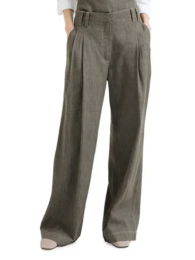 Brunello Cucinelli Women's Denim Effect Twill Smart Wide Trousers with Monili - Olive | Thumbnail 2 Brunello Cucinelli Women's Denim Effect Twill Smart Wide Trousers with Monili - Olive | Thumbnail 2