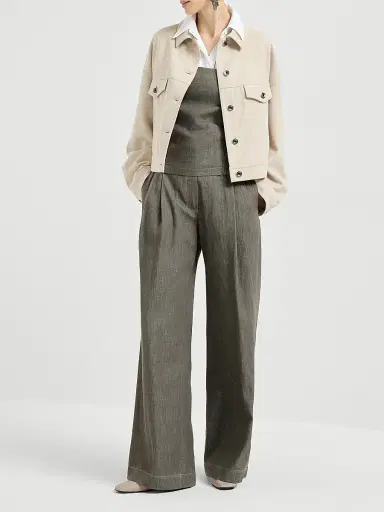 Brunello Cucinelli Women's Denim Effect Twill Smart Wide Trousers with Monili - Olive | Thumbnail 6 Brunello Cucinelli Women's Denim Effect Twill Smart Wide Trousers with Monili - Olive | Thumbnail 6