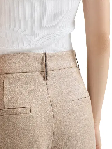 Brunello Cucinelli Women's Sparkling Linen Twill Loose Pleated Trousers with Monili | Thumbnail 5 Brunello Cucinelli Women's Sparkling Linen Twill Loose Pleated Trousers with Monili | Thumbnail 5