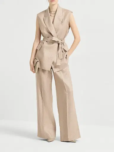 Brunello Cucinelli Women's Sparkling Linen Twill Loose Pleated Trousers with Monili | Thumbnail 6 Brunello Cucinelli Women's Sparkling Linen Twill Loose Pleated Trousers with Monili | Thumbnail 6