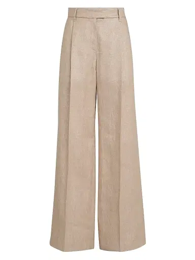 Brunello Cucinelli Women's Sparkling Linen Twill Loose Pleated Trousers with Monili | Thumbnail 1 Brunello Cucinelli Women's Sparkling Linen Twill Loose Pleated Trousers with Monili | Thumbnail 1