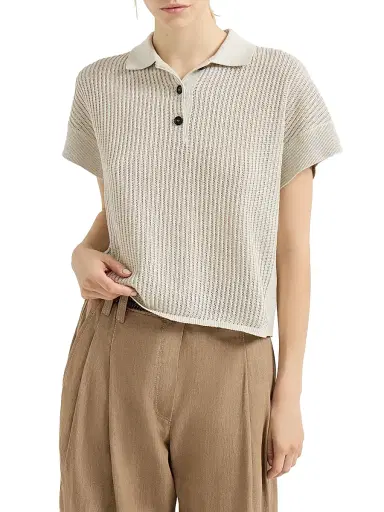 Brunello Cucinelli Women's Sparkling Cotton Ribbed Net Polo Shirt - Oat - Size Large | Thumbnail 2 Brunello Cucinelli Women's Sparkling Cotton Ribbed Net Polo Shirt - Oat - Size Large | Thumbnail 2