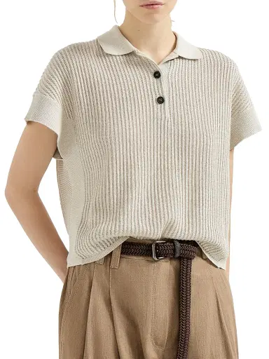 Brunello Cucinelli Women's Sparkling Cotton Ribbed Net Polo Shirt - Oat - Size Large | Thumbnail 4 Brunello Cucinelli Women's Sparkling Cotton Ribbed Net Polo Shirt - Oat - Size Large | Thumbnail 4