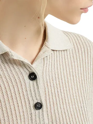 Brunello Cucinelli Women's Sparkling Cotton Ribbed Net Polo Shirt - Oat - Size Large | Thumbnail 5 Brunello Cucinelli Women's Sparkling Cotton Ribbed Net Polo Shirt - Oat - Size Large | Thumbnail 5