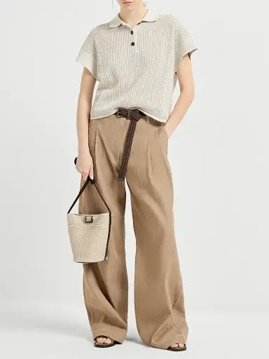Brunello Cucinelli Women's Sparkling Cotton Ribbed Net Polo Shirt - Oat - Size Large | Thumbnail 6 Brunello Cucinelli Women's Sparkling Cotton Ribbed Net Polo Shirt - Oat - Size Large | Thumbnail 6