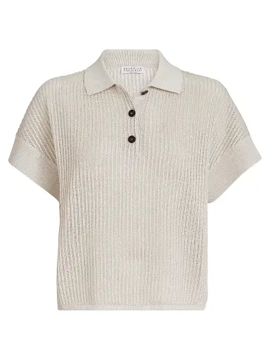 Brunello Cucinelli Women's Sparkling Cotton Ribbed Net Polo Shirt - Oat - Size Large | Thumbnail 1 Brunello Cucinelli Women's Sparkling Cotton Ribbed Net Polo Shirt - Oat - Size Large | Thumbnail 1