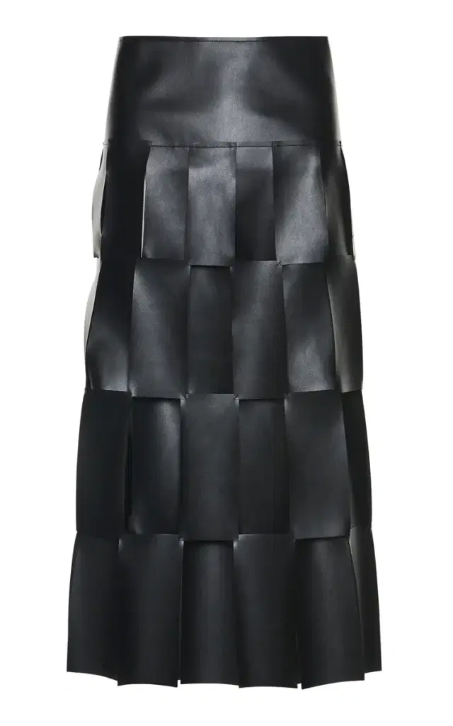 Double-Layered Woven-Leather Midi Skirt - Black Double-Layered Woven-Leather Midi Skirt - Black