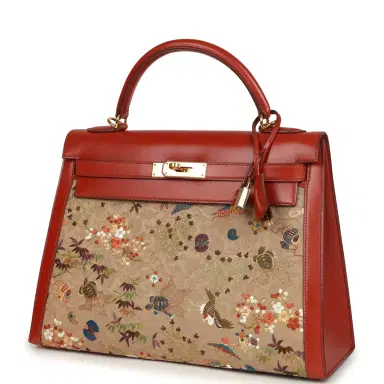HERMÈS Vintage Hermes "Kimono" Kelly Sellier 32 Brique Box and Embroidered Silk Gold Hardware | Thumbnail 5 HERMÈS Vintage Hermes "Kimono" Kelly Sellier 32 Brique Box and Embroidered Silk Gold Hardware | Thumbnail 5