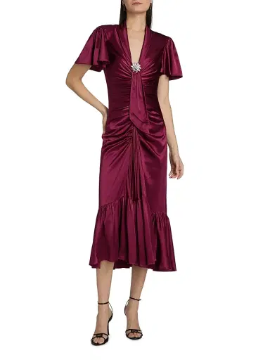 Cinq à Sept Women's Peeta Crystal Brooch-Embellished Satin Cocktail Dress - Red Plum | Thumbnail 3 Cinq à Sept Women's Peeta Crystal Brooch-Embellished Satin Cocktail Dress - Red Plum | Thumbnail 3