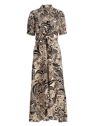 Poupette St Barth Women's Eren Leaf-Print Cotton Tie-Waist Maxi Dress - Black Toucan | Thumbnail 1 Poupette St Barth Women's Eren Leaf-Print Cotton Tie-Waist Maxi Dress - Black Toucan | Thumbnail 1
