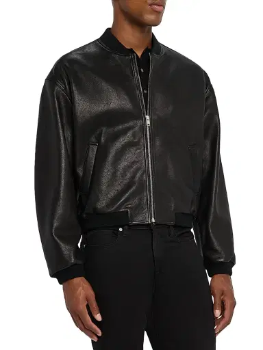FRAME Men's Zip-Front Leather Bomber Jacket - Black | Thumbnail 3 FRAME Men's Zip-Front Leather Bomber Jacket - Black | Thumbnail 3