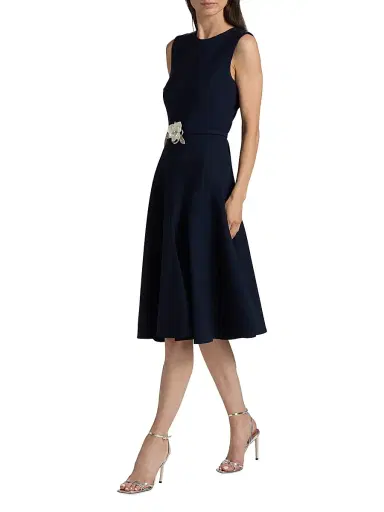 Oscar de la Renta Women's Crystal-Embellished Flower Wool-Blend Belted Midi-Dress - Navy | Thumbnail 2 Oscar de la Renta Women's Crystal-Embellished Flower Wool-Blend Belted Midi-Dress - Navy | Thumbnail 2
