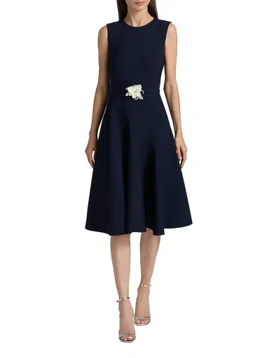Oscar de la Renta Women's Crystal-Embellished Flower Wool-Blend Belted Midi-Dress - Navy | Thumbnail 3 Oscar de la Renta Women's Crystal-Embellished Flower Wool-Blend Belted Midi-Dress - Navy | Thumbnail 3