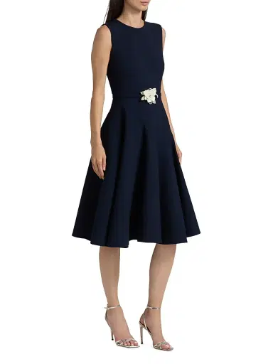 Oscar de la Renta Women's Crystal-Embellished Flower Wool-Blend Belted Midi-Dress - Navy | Thumbnail 4 Oscar de la Renta Women's Crystal-Embellished Flower Wool-Blend Belted Midi-Dress - Navy | Thumbnail 4