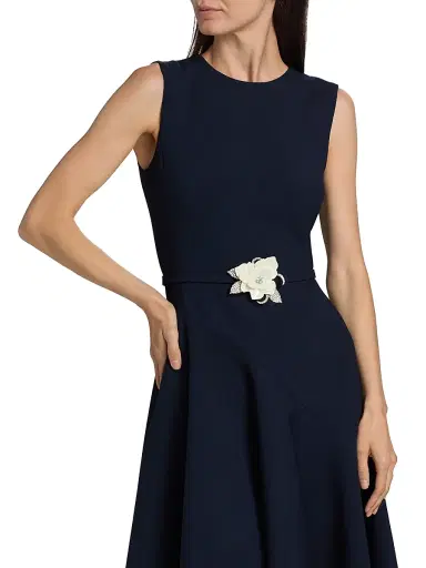 Oscar de la Renta Women's Crystal-Embellished Flower Wool-Blend Belted Midi-Dress - Navy | Thumbnail 7 Oscar de la Renta Women's Crystal-Embellished Flower Wool-Blend Belted Midi-Dress - Navy | Thumbnail 7
