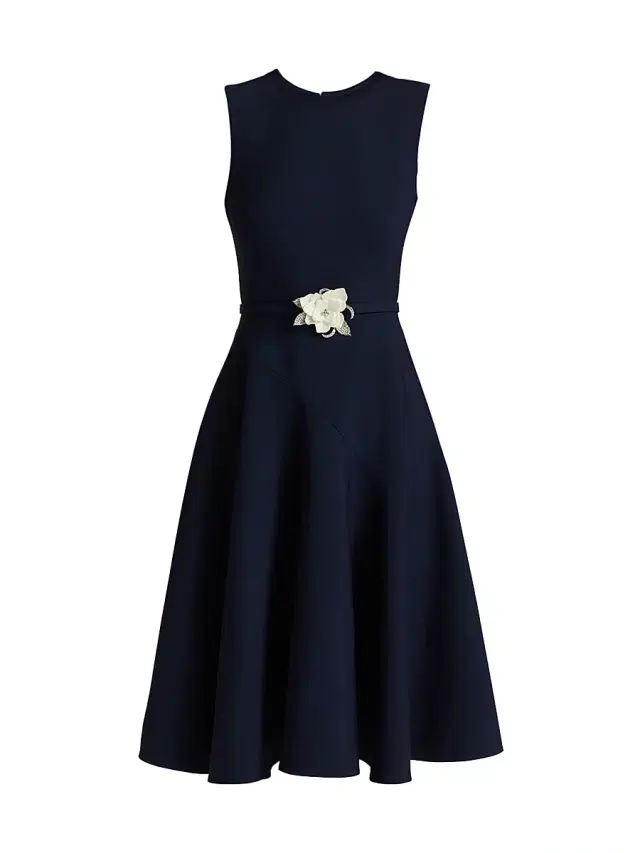 Women's Crystal-Embellished Flower Wool-Blend Belted Midi-Dress - Navy Women's Crystal-Embellished Flower Wool-Blend Belted Midi-Dress - Navy
