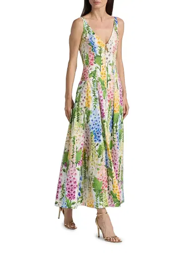 Oscar de la Renta Women's Foxgloves-Print Stretch-Cotton Poplin Maxi Dress - White Multi | Thumbnail 2 Oscar de la Renta Women's Foxgloves-Print Stretch-Cotton Poplin Maxi Dress - White Multi | Thumbnail 2