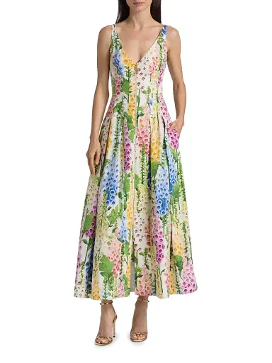 Oscar de la Renta Women's Foxgloves-Print Stretch-Cotton Poplin Maxi Dress - White Multi | Thumbnail 3 Oscar de la Renta Women's Foxgloves-Print Stretch-Cotton Poplin Maxi Dress - White Multi | Thumbnail 3