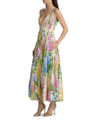 Oscar de la Renta Women's Foxgloves-Print Stretch-Cotton Poplin Maxi Dress - White Multi | Thumbnail 4 Oscar de la Renta Women's Foxgloves-Print Stretch-Cotton Poplin Maxi Dress - White Multi | Thumbnail 4