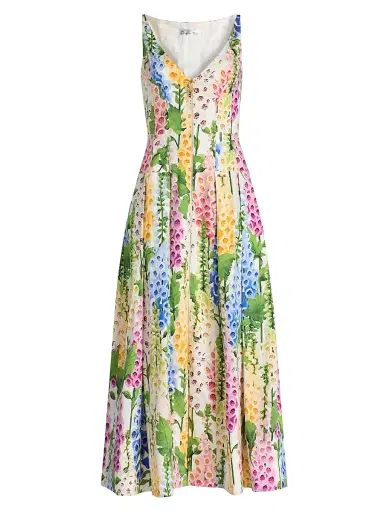 Oscar de la Renta Women's Foxgloves-Print Stretch-Cotton Poplin Maxi Dress - White Multi | Thumbnail 1 Oscar de la Renta Women's Foxgloves-Print Stretch-Cotton Poplin Maxi Dress - White Multi | Thumbnail 1