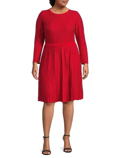 Ming Wang Women's x Tanya Foster Plus Tonal-Stitch Knit Fit & Flare Dress | Thumbnail 2 Ming Wang Women's x Tanya Foster Plus Tonal-Stitch Knit Fit & Flare Dress | Thumbnail 2