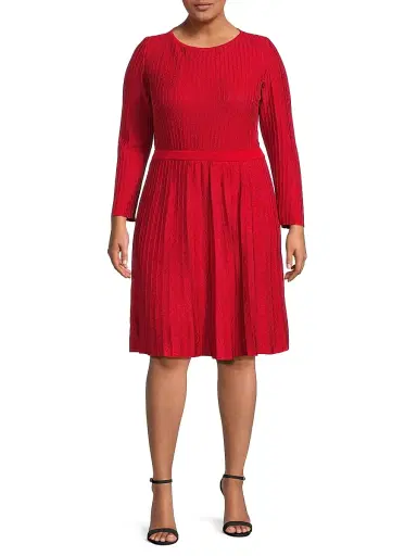 Ming Wang Women's x Tanya Foster Plus Tonal-Stitch Knit Fit & Flare Dress | Thumbnail 3 Ming Wang Women's x Tanya Foster Plus Tonal-Stitch Knit Fit & Flare Dress | Thumbnail 3