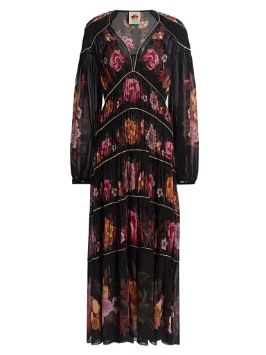 Farm Rio Women's Chenille Flowers Floral V-Neck Maxi Dress - Black | Thumbnail 1 Farm Rio Women's Chenille Flowers Floral V-Neck Maxi Dress - Black | Thumbnail 1