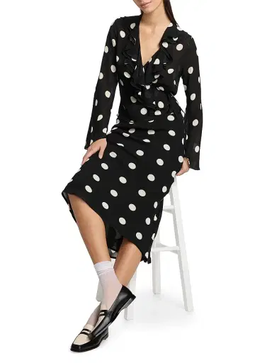 Reformation Women's Kilah Polka Dot Georgette Wrap Top - Moon Dot | Thumbnail 2 Reformation Women's Kilah Polka Dot Georgette Wrap Top - Moon Dot | Thumbnail 2