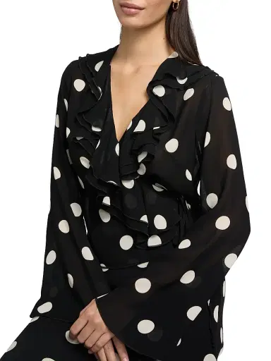 Reformation Women's Kilah Polka Dot Georgette Wrap Top - Moon Dot | Thumbnail 6 Reformation Women's Kilah Polka Dot Georgette Wrap Top - Moon Dot | Thumbnail 6