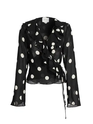 Reformation Women's Kilah Polka Dot Georgette Wrap Top - Moon Dot | Thumbnail 1 Reformation Women's Kilah Polka Dot Georgette Wrap Top - Moon Dot | Thumbnail 1